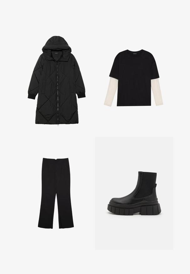 Čierna prešívaná páperová bunda s kapucňou, so zipsom, bočnými vreckami a elastickými manžetami. Hladká, vodeodolná tkanina.; Čierne tričko z bavlny, s krátkymi rukávmi cez biele tričko s dlhým rukávom, s jemným textúrovaným vzorom. Design s okrúhlym výstrihom.; Čierne nohavice so strihom rovného strihu, s prednými vreckami a bočnými rozparkami na leme. Vyrobené z mäkkej, hladkej tkaniny. Vhodné na rôzne príležitosti.; Čierne členkové topánky vyrobené z hladkej kože s elastickými bočnými panelmi, hrubou platformou a textúrovaným vzorom na podrážke.