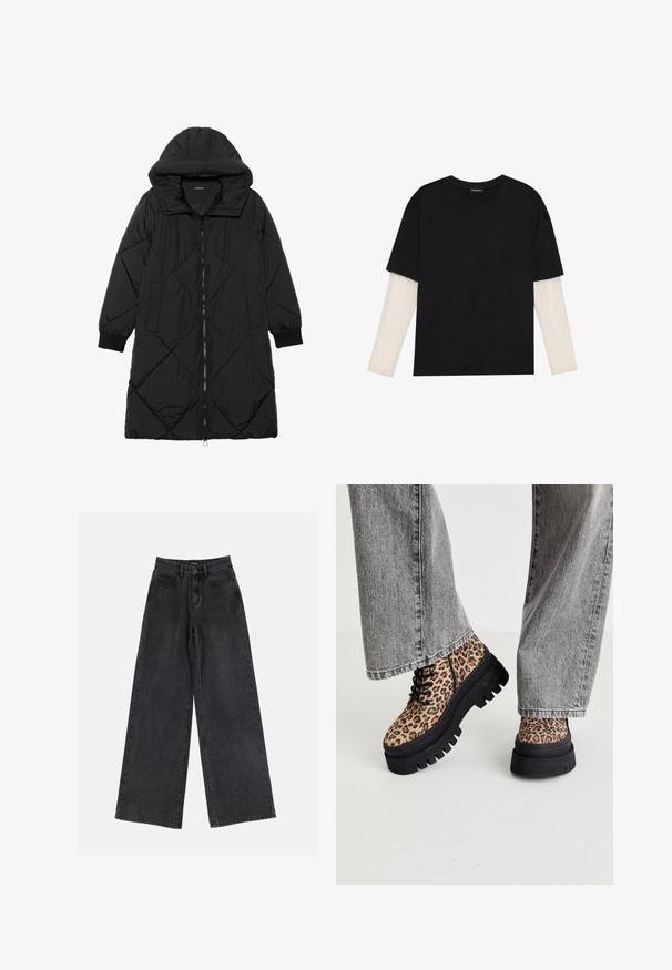 Cappotto imbottito nero trapuntato con cappuccio, caratterizzato da chiusura con zip, tasche laterali e polsini elastici. Tessuto liscio e resistente all'acqua.; T-shirt nera in cotone con maniche corte sopra un sotto manica lunga bianca, caratterizzata da una sottile texture. Design con scollo rotondo.; Jeans in denim neri a gamba larga con vita alta, design classico a cinque tasche e una leggera scoloritura. Tessuto resistente con una texture liscia.; Steve Madden COAST - Stivaletti stringati - brown/multi-coloured