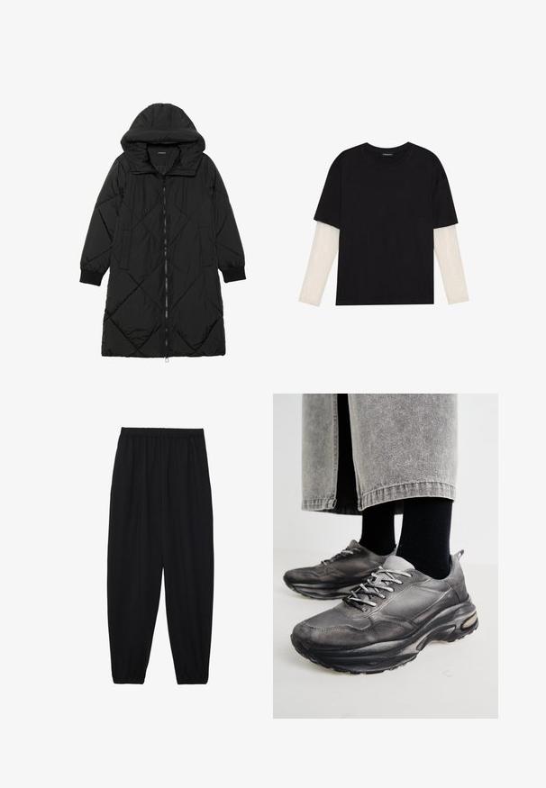 Musta tikattu puhvittakki hupulla, jossa on vetoketjukiinnitys, sivutaskut ja elastiset hihansuut. Sujuva, vettä hylkivä kangas.; Mustapaita, joka on valmistettu puuvillasta ja jossa on lyhyet hihat valkoisen pitkähihasen kerroksen päällä, jossa on hienovarainen teksturoitu kuvio. Pyöreä kaula-aukko.; Mustat, kevyet housut, joissa on joustava vyötärö ja kerätyt nilkat. Kangas on sileä ja siinä on rento, kapeneva muotoilu.; Musta ja harmaa urheilukengät sisältävät verkkomateriaalista valmistetun päällisen, paksut pohjat ja nauhat. Kenkien kärki on pyöristetty ja niissä on näkyvää pehmustusta.