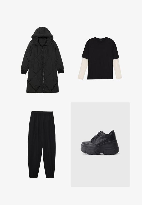Black quilted puffer coat with a hood, featuring a zip closure, side pockets, and elastic cuffs. Smooth, water-resistant fabric.; Black T-shirt made of cotton, featuring short sleeves over a white long-sleeve layer with a subtle textured pattern. Crew neckline design.; Black, lightweight pants with an elastic waistband and gathered ankles. The fabric is smooth and features a relaxed, tapered design.; Black lace-up sneakers with a chunky sole, featuring smooth leather upper, rounded toe, and distinct layered platform design.