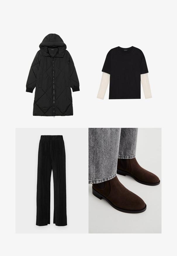 Must-havesinise mustris quiltitudis puffer jakk, millel on kapuuts, tõmblukk, küljetaskud ja elastsed varrukad. Sile, veekindel kangas.; Mustmust särk, mis on valmistatud puuvillast, lühikeste varrukatega, valge pika varrukaga kihi peal, millel on peene tekstuuriga muster. Ümar kaelus.; Mustad pleekitud püksid elastse vöökohtaga. Omavad laiad jalad ja sujuvat, tekstureeritud kangast vertikaalsete triipudega.; Pruunid nahast Chelsea saapad elastsete külgpaneelidega, ümar varvas ja tekstureeritud tallad. Kombineeritud heledad hallid vabalt langevad teksadega.