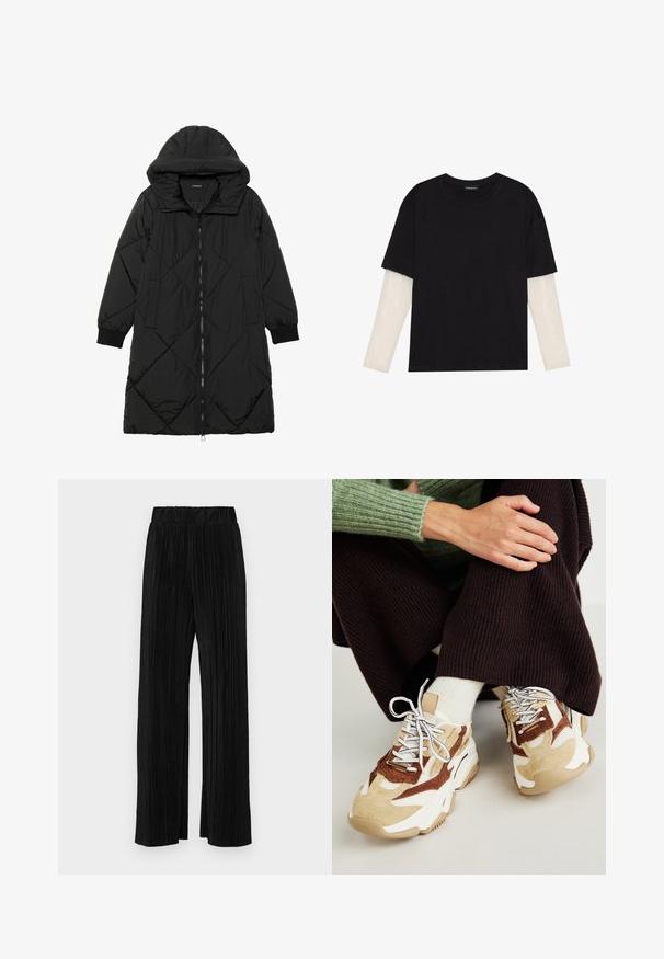 Črna prešita puffer jakna s kapuco, ki ima zadrgo, stranske žepe in elastične manšete. Gladek, vodoodporen material.; Črna majica iz bombaža s kratkimi rokavi, ki pokriva belo dolgi rokav z subtilnim teksturiranim vzorcem. Oblika izrezanega vratu.; Črne plisirane hlače z elastičnim pasom. Imajo široke noge in gladko, teksturirano tkanino z navpičnimi črtami.; Steve Madden POSSESSIONE - Športni copati - brown/sand