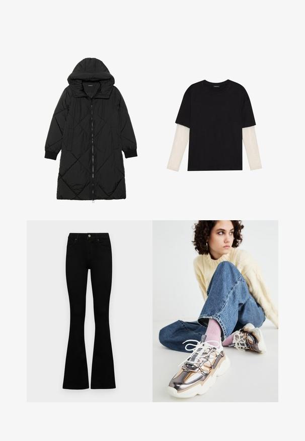 Černá prošívaná péřová bunda s kapucí, vybavená zipovým zapínáním, bočními kapsami a elastickými manžetami. Hladká, voděodolná tkanina.; Černé tričko z bavlny s krátkým rukávem, pod kterým je bílá podvlékací halenka s dlouhým rukávem a jemným texturovaným vzorem. Design s kulatým výstřihem.; Černé vysoké džíny s knoflíkem a zipovým zapínáním, předními kapsami a rozšířenými nohavicemi, ležící na bílé podložce.; Mladý člověk s kudrnatými vlasy, oblečený v krémovém svetru, modrých džínách, růžových ponožkách a kovových chunky teniskách, sedí na podlaze a dívá se stranou.