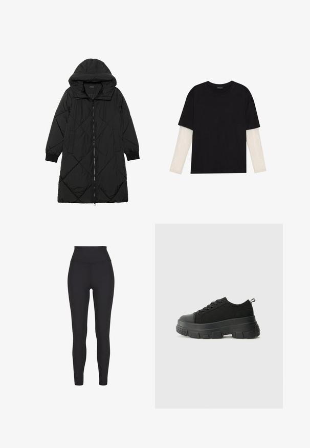 Must-havesinise mustris quiltitudis puffer jakk, millel on kapuuts, tõmblukk, küljetaskud ja elastsed varrukad. Sile, veekindel kangas.; Mustmust särk, mis on valmistatud puuvillast, lühikeste varrukatega, valge pika varrukaga kihi peal, millel on peene tekstuuriga muster. Ümar kaelus.; Kõrge vöökohaga mustad leggingud, mis on valmistatud venivast materjalist, omavad siledat tekstuuri ja keha lähedast disaini, ilma nähtavate õmbluste või mustriteta.; Mustad mustad mustikad, millel on tugev kummist põhi, tekstuuriga kangast pealis, ümar varvas ja seotud disain. Omab tugevdatud silmuseid ja tagumist tõmbeotsta.