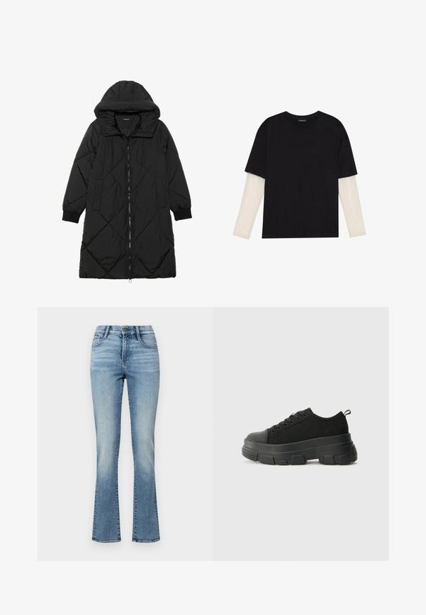 Črna prešita puffer jakna s kapuco, ki ima zadrgo, stranske žepe in elastične manšete. Gladek, vodoodporen material.; Črna majica iz bombaža s kratkimi rokavi, ki pokriva belo dolgi rokav z subtilnim teksturiranim vzorcem. Oblika izrezanega vratu.; Svetlo modri jeans s širokimi hlačnicami, enojnim gumbom za zapiranje, petimi žepi ter subtilnim bledenjem za teksturo in detajle.; Črne teniske z debelim gumijastim podplatom, zgornji del iz teksturirane tkanine, okrogla punta in zavezovanje z vrvicami. Vključujejo ojačane luknje za vrvice in zanko na hrbtu.