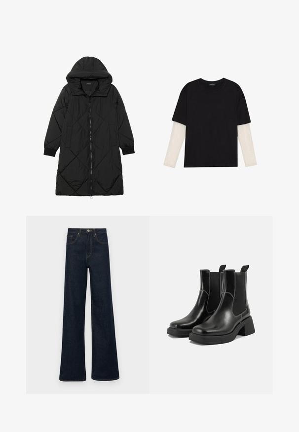 Casaco puffer acolchoado preto com capuz, apresentando um fecho de correr, bolsos laterais e punhos elásticos. Tecido suave e à prova d'água.; T-shirt preta de algodão, com mangas curtas sobre uma camada de mangas longas branca com um padrão texturizado subtil. Design de decote redondo.; Calças de ganga largas em azul escuro com bolsos frontais, passadores para cinto e fecho com botão.; Botas Chelsea em couro preto com um salto grosso, painéis laterais elásticos e costura branca em contraste. Acabamento texturizado.