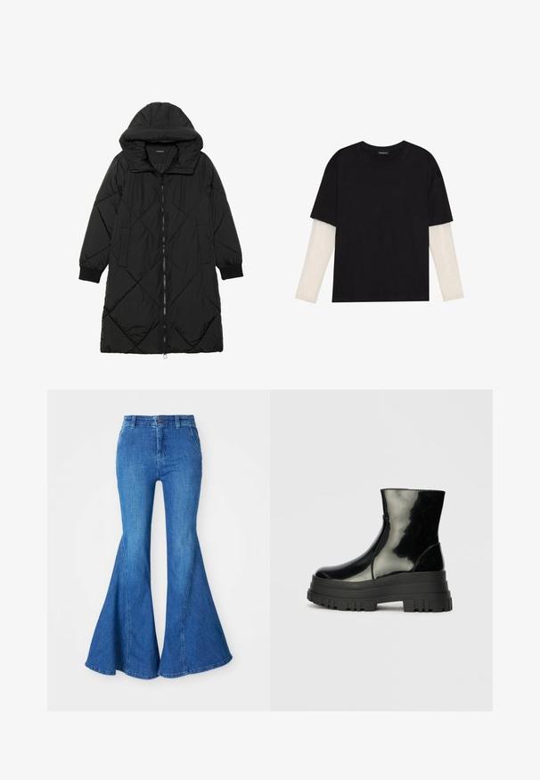 Svart quiltet puffjakke med hette, med glidelås, sidelommer og elastiske mansjetter. Glatt, vannavvisende stoff.; Svart T-skjorte laget av bomull, med korte ermer over et hvitt langermet lag med en subtil teksturert mønster. Rund hals design.; Jeans med vid bukseform i denim med middels blå vask, høy midje og brede ben. Har synlig søm og knappelukking i midjen.; Svart, blank ankelstøvel med tykk såle og rund tå, sett fra siden på en enkel, lys grå bakgrunn.