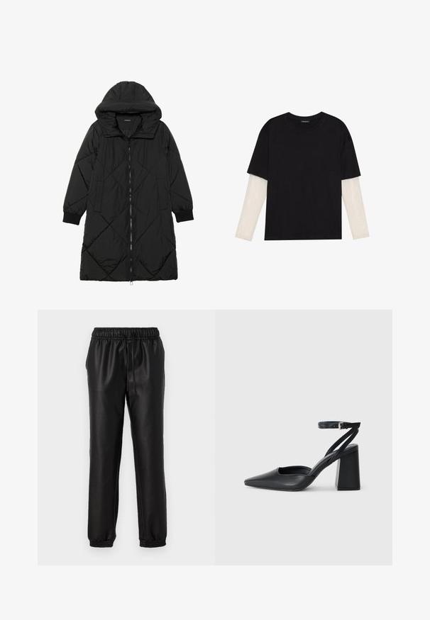 Manteau matelassé noir avec capuche, doté d'une fermeture éclair, de poches latérales et de poignets élastiques. Tissu lisse et résistant à l'eau.; T-shirt noir en coton, avec des manches courtes sur une couche à manches longues blanche avec un motif texturé subtil. Col rond.; Jogging en synthétique noir avec une texture lisse, une taille élastique et des poignets froncés. Comprend un cordon de serrage pour un ajustement réglable.; Escarpin noir en cuir à bout pointu avec une bride de cheville et un talon épais. Texture lisse, design élégant et esthétique minimaliste.