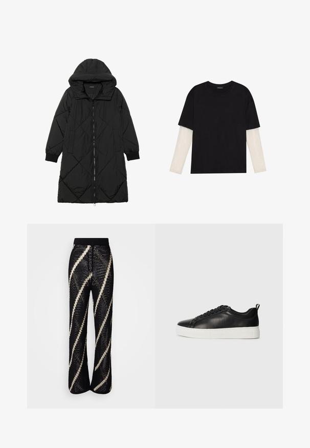 Svart quiltet puffjakke med hette, med glidelås, sidelommer og elastiske mansjetter. Glatt, vannavvisende stoff.; Svart T-skjorte laget av bomull, med korte ermer over et hvitt langermet lag med en subtil teksturert mønster. Rund hals design.; Strikkede svarte bukser med bred ben-design, med dristige, diagonale hvite striper. Elastisk midjebånd og teksturert stoff.; Svart lavt skinnsneaker med svarte lisser og tykk hvit gummisåle, sett fra utsiden på en hvit bakgrunn.