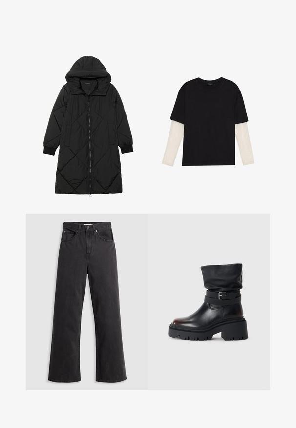 Črna prešita puffer jakna s kapuco, ki ima zadrgo, stranske žepe in elastične manšete. Gladek, vodoodporen material.; Črna majica iz bombaža s kratkimi rokavi, ki pokriva belo dolgi rokav z subtilnim teksturiranim vzorcem. Oblika izrezanega vratu.; Črne široke kavbojke iz denima z visokim pasom, petimi žepi in kovinskim gumbom za zapiranje. Tkanina ima gladko, rahlo zbledelo teksturo.; Črne usnjene gležnjarje s sproščenim zgornjim delom, podrobnostjo z zaponko in debelim, robustnim podplatom. Imajo okroglo konico in gladko teksturo.