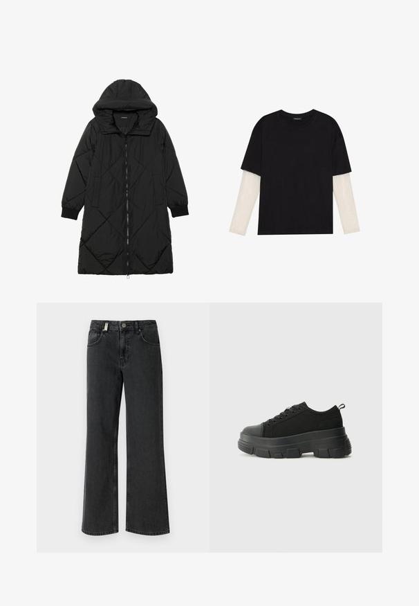 Zwarte gewatteerde pufferjas met een capuchon, voorzien van een ritssluiting, zijzakken en elastische manchetten. Glad, waterafstotend materiaal.; Zwarte T-shirt van katoen, met korte mouwen over een witte lange mouw laag met een subtiel textuurpatroon. Ronde hals ontwerp.; Zwarte denim wijde jeans met een middelhoge taille, twee voorkezen en contrasterende stiksels op een gladde stofstructuur.; Zwarte sneakers met een stevige rubberen zool, textiel bovenwerk, ronde neus en vetersluiting. Beschikt over versterkte oogjes en een trekstrip aan de achterkant.