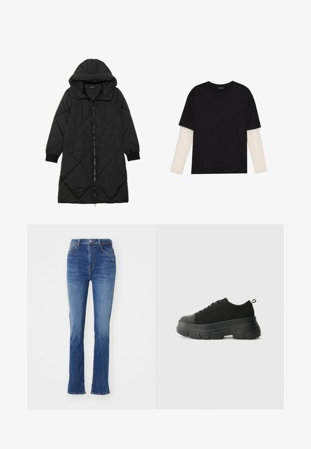 Casaco puffer acolchoado preto com capuz, apresentando um fecho de correr, bolsos laterais e punhos elásticos. Tecido suave e à prova d'água.; T-shirt preta de algodão, com mangas curtas sobre uma camada de mangas longas branca com um padrão texturizado subtil. Design de decote redondo.; Jeans de ganga de tom azul claro com um design de perna larga, apresentando um cós standard, cinco bolsos e um desbotamento subtil por todo o tecido.; Sneakers pretos com sola de borracha robusta, parte superior de tecido texturizado, bico redondo e design de atacadores. Apresenta ilhós reforçados e uma alça na parte posterior.