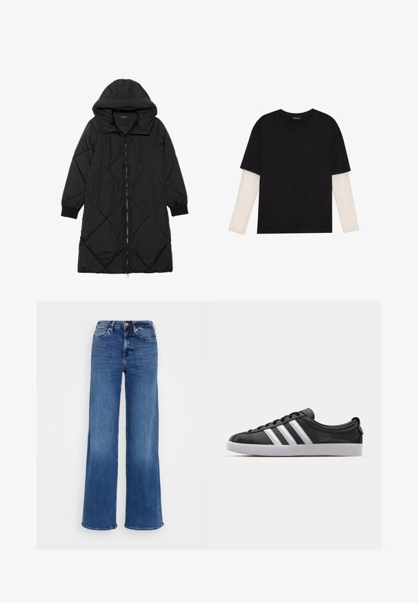Svart quiltet puffjakke med hette, med glidelås, sidelommer og elastiske mansjetter. Glatt, vannavvisende stoff.; Svart T-skjorte laget av bomull, med korte ermer over et hvitt langermet lag med en subtil teksturert mønster. Rund hals design.; Mellom blå høyde jeans i denim med vide ben, knappe- og glidelås-lukking, samt front- og baklommer, på lys grå bakgrunn.; Svart lær sneakers med hvit tre-stripes design, rund tå, flat hvit gummisåle og merkevaredetalj på siden.