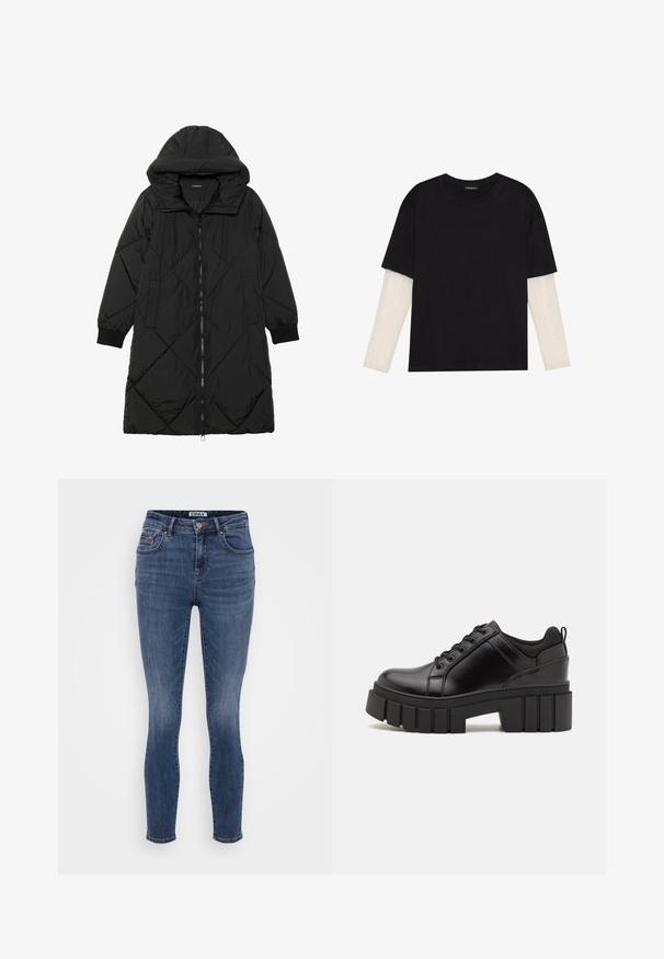 Casaco puffer acolchoado preto com capuz, apresentando um fecho de correr, bolsos laterais e punhos elásticos. Tecido suave e à prova d'água.; T-shirt preta de algodão, com mangas curtas sobre uma camada de mangas longas branca com um padrão texturizado subtil. Design de decote redondo.; Jeans skinny azul escuro feitos de denim com uma textura suave, design de cinco bolsos e detalhe em botão cobre na cintura.; Sapatos de plataforma em couro preto com um salto bloco robusto, bico redondo e design clássico de atacadores. Apresentam uma textura suave e detalhes mínimos.
