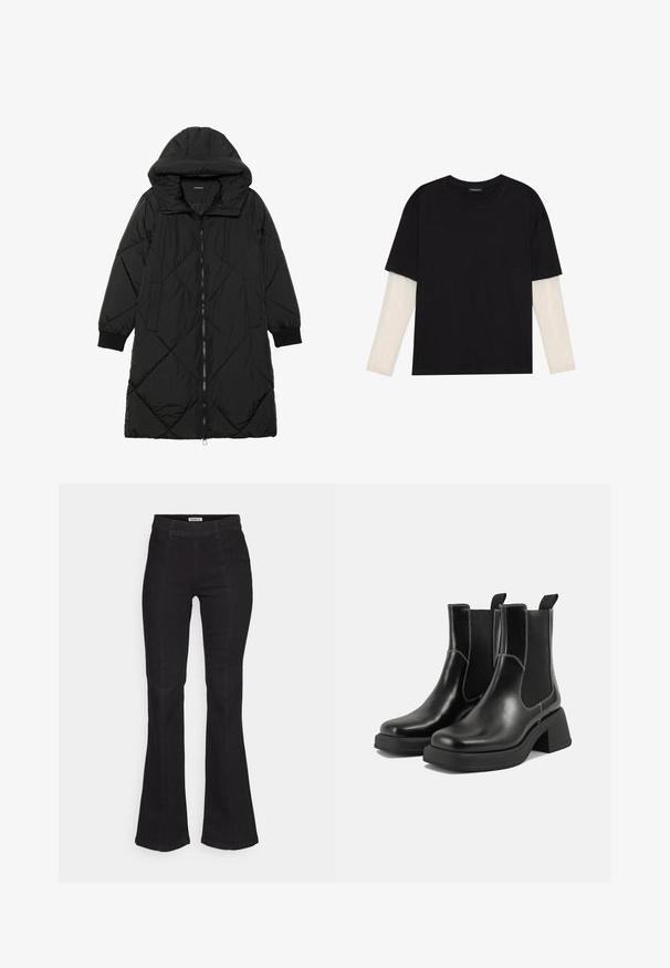 Musta tikattu puhvittakki hupulla, jossa on vetoketjukiinnitys, sivutaskut ja elastiset hihansuut. Sujuva, vettä hylkivä kangas.; Mustapaita, joka on valmistettu puuvillasta ja jossa on lyhyet hihat valkoisen pitkähihasen kerroksen päällä, jossa on hienovarainen teksturoitu kuvio. Pyöreä kaula-aukko.; Mustat leveälahkeiset farkut, joissa on korkea vyötärö, hienovaraiset etusaumadetaljit ja klassinen viiden taskun muotoilu.; Mustat nahkaiset Chelsea-kengät paksulla korolla, joustavilla sivupaneeleilla ja kontrastilla valkoisella ompelulla. Teksturoitu pinta.