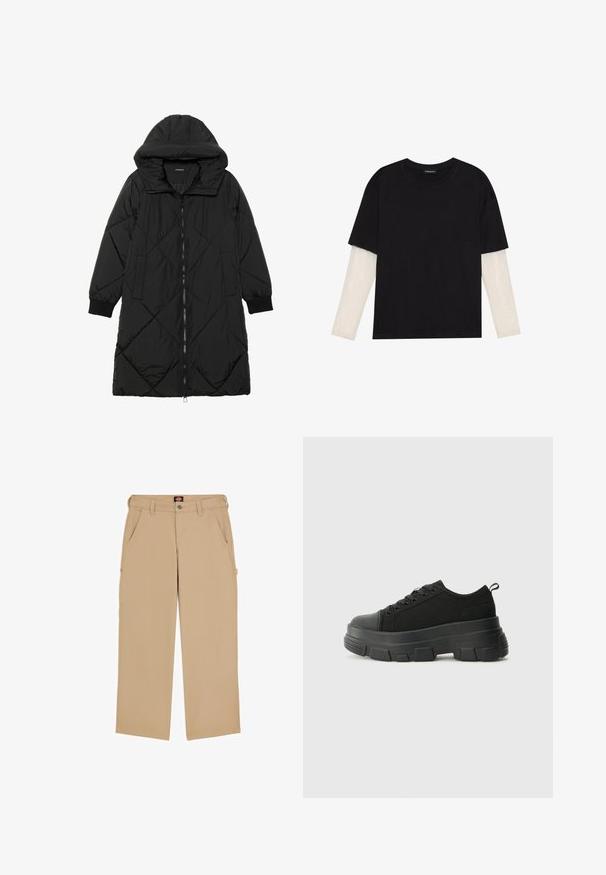 Sort quiltet pufferjakke med hætte, med lynlåslukning, sidelommer og elastiske manchetter. Glat, vandafvisende stof.; Sort T-shirt lavet af bomuld, med korte ærmer over et hvidt langærmet lag med et subtilt tekstureret mønster. Design med rund hals.; Beige cargo bukser med regular fit, der har sidelommer og knaplukning. Fremstillet af letvægtsstof, der tilbyder alsidighed og komfort.; Sorte sneakers med en kraftig gummisål, tekstureret stofoverdel, rund tå og snørredesign. Har forstærkede snørrehuller og en trækkrog bagpå.