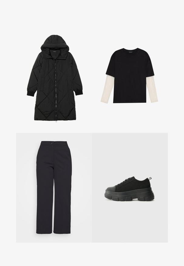 Svart quiltet puffjakke med hette, med glidelås, sidelommer og elastiske mansjetter. Glatt, vannavvisende stoff.; Svart T-skjorte laget av bomull, med korte ermer over et hvitt langermet lag med en subtil teksturert mønster. Rund hals design.; Svarte vide bukser laget av glatt stoff, med knappelukking og et rent, skreddersydd design uten synlige lommer.; Svarte sneakers med en kraftig gummisåle, teksturert stoffoverdel, rund tå og snøring. Har forsterkede snørehull og bakre trekkstang.