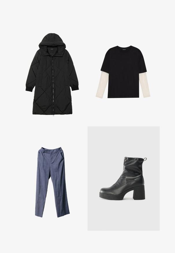 Čierna prešívaná páperová bunda s kapucňou, so zipsom, bočnými vreckami a elastickými manžetami. Hladká, vodeodolná tkanina.; Čierne tričko z bavlny, s krátkymi rukávmi cez biele tričko s dlhým rukávom, s jemným textúrovaným vzorom. Design s okrúhlym výstrihom.; Námornícke modré pruhované nohavice s voľným strihom, elastickým pásom, bočnými vreckami a hladkým, ľahkým materiálom.; Čierne členkové topánky z hladkej kože, so bočným zipsom, robustnou textúrovanou pätnou časťou a zaobleným dizajnom špičky.