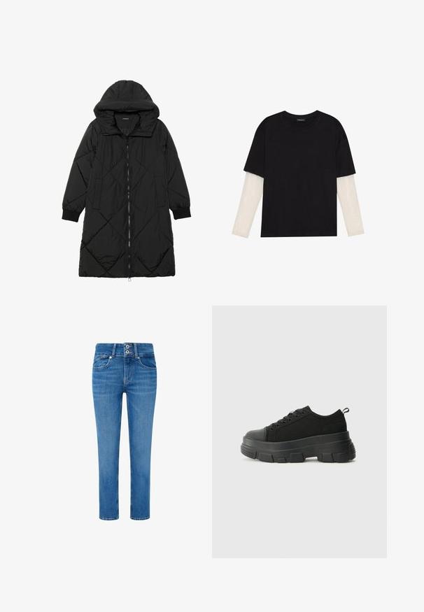 Fekete steppelt pufi kabát kapucnival, cipzáras záródással, oldalsó zsebekkel és elasztikus mandzsettákkal. Simább, vízlepergető anyag.; Fekete pamut póló, rövid ujjal, fehér hosszú ujjú réteg fölött, finom textúrával. Kerek nyakkivágású dizájn.; Kék farmernadrág egyenes szabással, két elülső zsebbel, gombos zipzárral, kettős gombbal, és finom kopással a lábakon.; Fekete sportcipők vastag gumitalppal, texturált szövet felsőrésszel, kerek orral és fűzős kialakítással. Megerősített fűzőlyukakkal és hátsó húzófüllel rendelkezik.