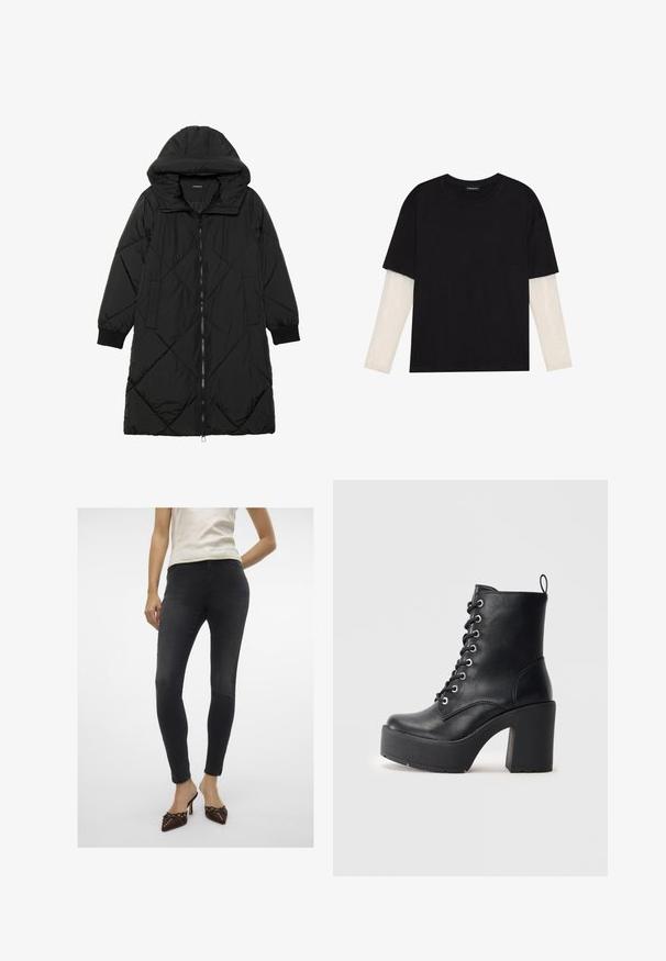 Casaco puffer acolchoado preto com capuz, apresentando um fecho de correr, bolsos laterais e punhos elásticos. Tecido suave e à prova d'água.; T-shirt preta de algodão, com mangas curtas sobre uma camada de mangas longas branca com um padrão texturizado subtil. Design de decote redondo.; Jeans skinny pretos com uma textura suave, cintura alta e um corte justo. Usados com mules castanhos com um laço decorativo e tachas.; Botim de pele preta até ao tornozelo com um salto bloco chunky, frente com atacadores e superfície texturizada. Apresenta uma lingueta na parte de trás para um uso fácil.