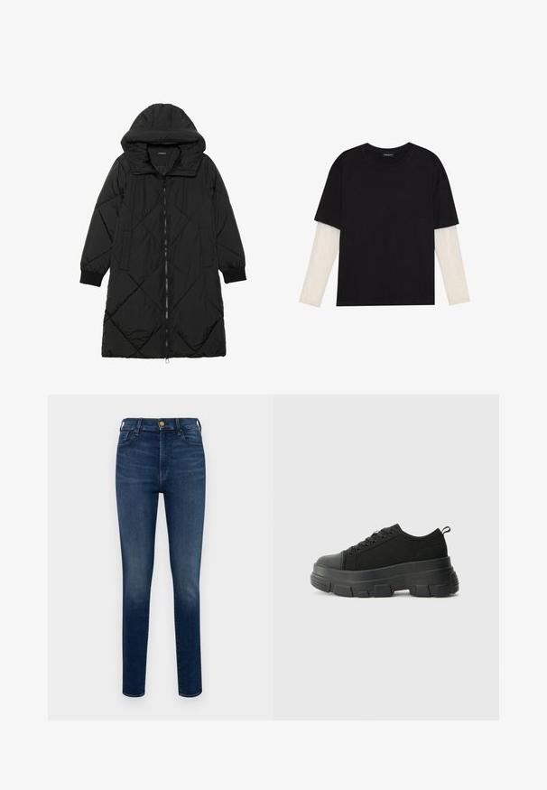 Melnas quiltētas pūkara mētelis ar kapuci, ar rāvējslēdzēja aizdari, sānu kabatām un elastīgām aprocēm. Gluda, ūdensizturīga auduma.; Melna kokvilnas T-kreklu ar īsām piedurknēm, virs baltas garām piedurknēm ar smalku teksturētu rakstu. Apaļas kakla izgriezuma dizains.; Tumši zili denimi džinsi ar šauru piegriezumu, kas aprīkoti ar piecām kabatām, priekšējo pogu aizdari un vieglu noberzumu gar kājām.; Melnas kedas ar masīvu gumijas zoli, teksturētu auduma augšdaļu, apaļu purngalu un saistīšanas dizainu. Iekļautas pastiprinātas acs atveres un aizmugurējais cilpiņas siksniņa.