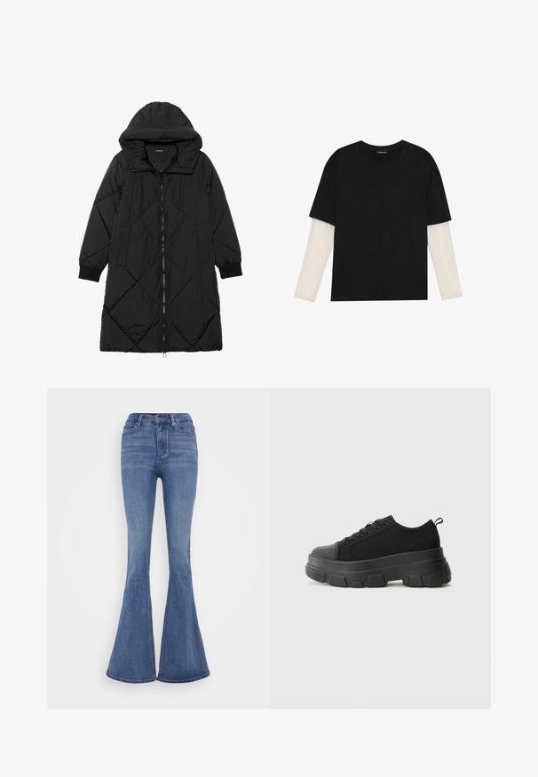 Casaco puffer acolchoado preto com capuz, apresentando um fecho de correr, bolsos laterais e punhos elásticos. Tecido suave e à prova d'água.; T-shirt preta de algodão, com mangas curtas sobre uma camada de mangas longas branca com um padrão texturizado subtil. Design de decote redondo.; Calças de ganga azuis claras com boca de sino e cintura alta. Apresenta um fecho frontal por botão e uma textura suave.; Sneakers pretos com sola de borracha robusta, parte superior de tecido texturizado, bico redondo e design de atacadores. Apresenta ilhós reforçados e uma alça na parte posterior.
