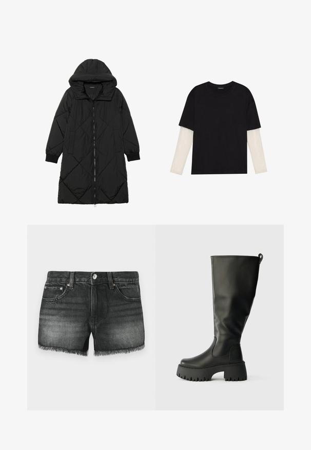 Casaco puffer acolchoado preto com capuz, apresentando um fecho de correr, bolsos laterais e punhos elásticos. Tecido suave e à prova d'água.; T-shirt preta de algodão, com mangas curtas sobre uma camada de mangas longas branca com um padrão texturizado subtil. Design de decote redondo.; Calções de ganga pretos com bainha desfiada, cinco bolsos e acessórios em cobre. O acabamento desbotado apresenta uma textura subtil e um design clássico.; Botas de borracha pretas até ao joelho com sola de tração robusta, textura suave e aba na parte de trás para calçar facilmente. Design de ponta redonda.