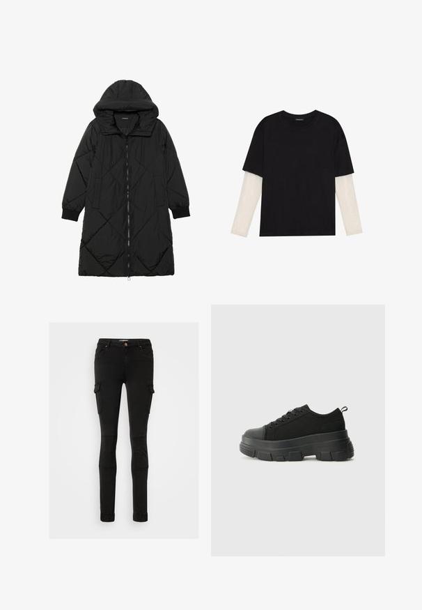 Svart vadderad jacka med huva, med dragkedja, sidofickor och elastiska ärmslut. Slät, vattenavvisande tyg.; Svart t-shirt i bomull, med korta ärmar över ett vitt långärmat lager med en subtil texturdesign. Rundad halsringning.; ONLY Tall ONLMISSOURI - Cargobyxor - black; Svarta sneakers med en kraftig gummisula, texturerad tygöverdel, rund tå och snörning. Har förstärkta öglor och dragflik bak.