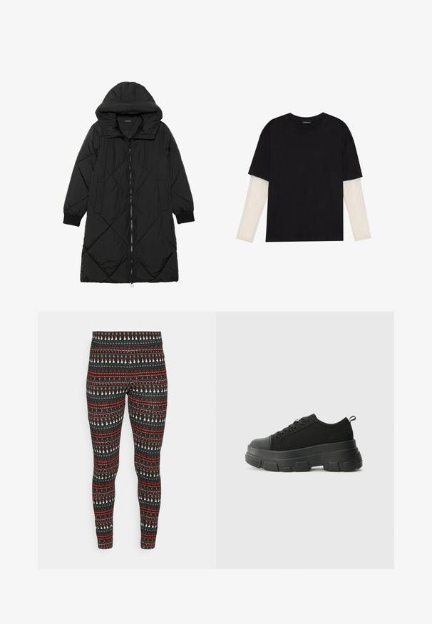 Casaco puffer acolchoado preto com capuz, apresentando um fecho de correr, bolsos laterais e punhos elásticos. Tecido suave e à prova d'água.; T-shirt preta de algodão, com mangas curtas sobre uma camada de mangas longas branca com um padrão texturizado subtil. Design de decote redondo.; Monki Leggings - Calças - black; Sneakers pretos com sola de borracha robusta, parte superior de tecido texturizado, bico redondo e design de atacadores. Apresenta ilhós reforçados e uma alça na parte posterior.