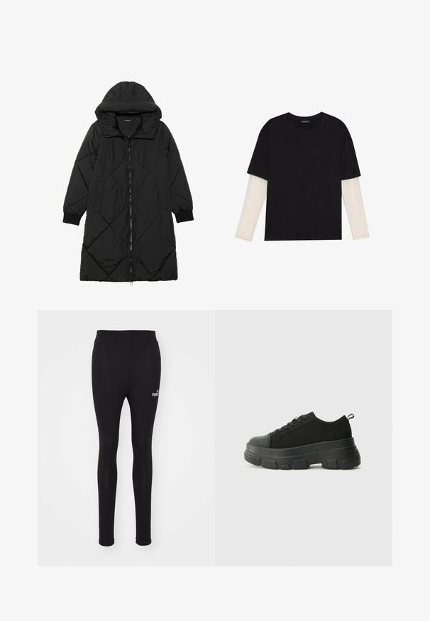 Melnas quiltētas pūkara mētelis ar kapuci, ar rāvējslēdzēja aizdari, sānu kabatām un elastīgām aprocēm. Gluda, ūdensizturīga auduma.; Melna kokvilnas T-kreklu ar īsām piedurknēm, virs baltas garām piedurknēm ar smalku teksturētu rakstu. Apaļas kakla izgriezuma dizains.; Melnas legingi, kas izgatavoti no elastīga auduma, ar augstu jostasvietu, sašaurinātiem ceļgaliem un diskretu Puma logotipu kreisajā pusē.; Melnas kedas ar masīvu gumijas zoli, teksturētu auduma augšdaļu, apaļu purngalu un saistīšanas dizainu. Iekļautas pastiprinātas acs atveres un aizmugurējais cilpiņas siksniņa.