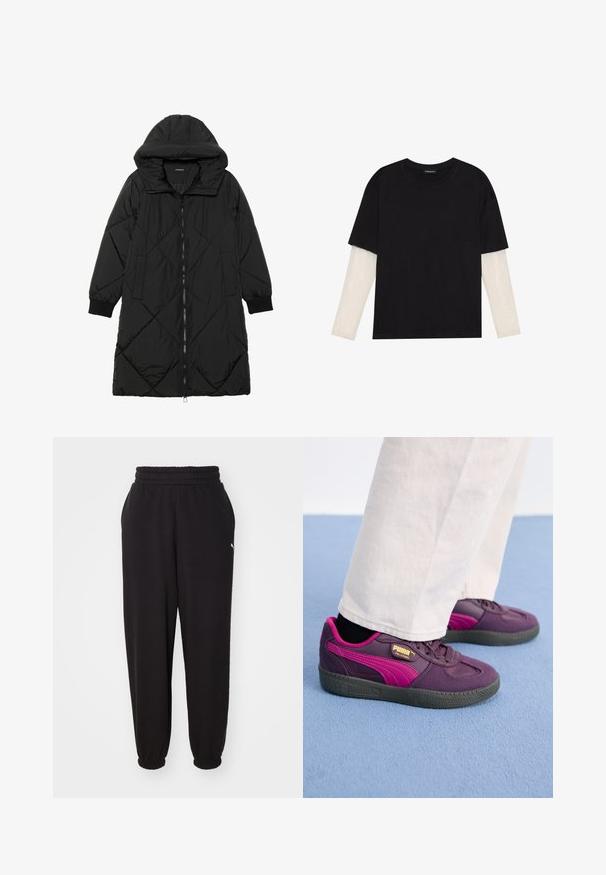 Fekete steppelt pufi kabát kapucnival, cipzáras záródással, oldalsó zsebekkel és elasztikus mandzsettákkal. Simább, vízlepergető anyag.; Fekete pamut póló, rövid ujjal, fehér hosszú ujjú réteg fölött, finom textúrával. Kerek nyakkivágású dizájn.; Fekete melegítőnadrág puha anyagból, bordázott derékrésszel és szűkített bokákkal. Oldalán egy kis logós részlet található.; Lila és rózsaszín sportcipő, gumitalppal, texturált felülettel, fűzőkkel és arany márkázással az oldalán. A fehér nadrág keskenyít a cipőkön.