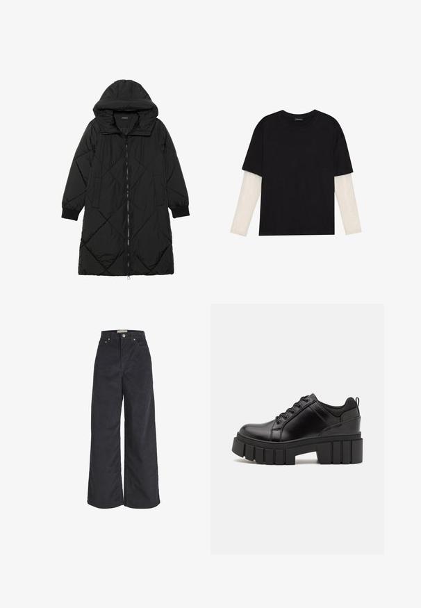 Crna tkanina sa štepom puffer kaput s kapuljačom, sa zatvaračem na zip, bočnim džepovima i elastičnim manžetama. Glatka, vodootporna tkanina.; Crni majica od pamuka, s kratkim rukavima preko bijele dugorukave slojevite s suptilnim teksturiranim uzorkom. Dizajn s okruglim izrezom.; Crne kordura široke hlače s visokim strukom, prednjim kopčanjem na dugme i dva bočna džepa. Mekana tekstura i ravni kroj.; Crne kožne platforme s debelim blok-peta, okruglim prstima i klasičnim dizajnom vezanja. Imaju gladak tekstur i minimalne detalje.