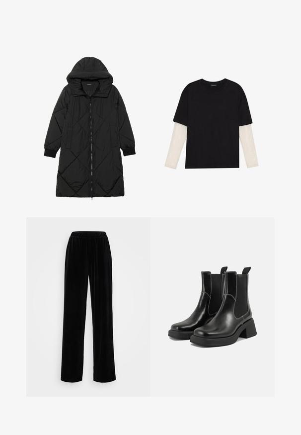 Must-havesinise mustris quiltitudis puffer jakk, millel on kapuuts, tõmblukk, küljetaskud ja elastsed varrukad. Sile, veekindel kangas.; Mustmust särk, mis on valmistatud puuvillast, lühikeste varrukatega, valge pika varrukaga kihi peal, millel on peene tekstuuriga muster. Ümar kaelus.; Mustad, pikad, laiad püksid, mis on valmistatud pehmest, sametisest kangast ja millel on veniv vöökoht. Sile tekstuur ja ühtlane värv, ilma nähtavate mustrite või aksessuaarideta.; Must musta Chelsea saapad, millel on paks konts, elastsed külgpaneelid ja kontrastne valge õmblus. Tekstuuriga viimistlus.