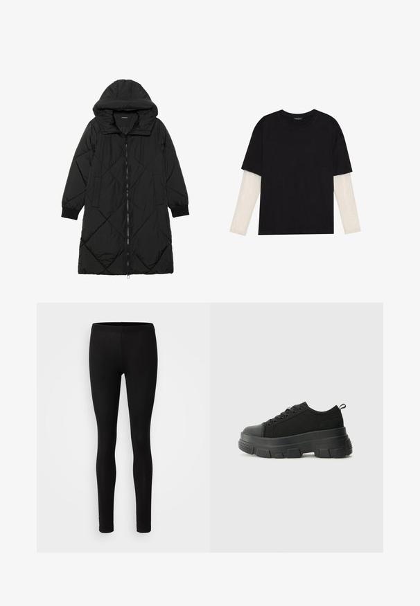 Črna prešita puffer jakna s kapuco, ki ima zadrgo, stranske žepe in elastične manšete. Gladek, vodoodporen material.; Črna majica iz bombaža s kratkimi rokavi, ki pokriva belo dolgi rokav z subtilnim teksturiranim vzorcem. Oblika izrezanega vratu.; Črne legice iz mehkega in raztegljivega materiala. Imajo oprijet kroj, elastičen pas in gladko, mat teksturo.; Črne teniske z debelim gumijastim podplatom, zgornji del iz teksturirane tkanine, okrogla punta in zavezovanje z vrvicami. Vključujejo ojačane luknje za vrvice in zanko na hrbtu.