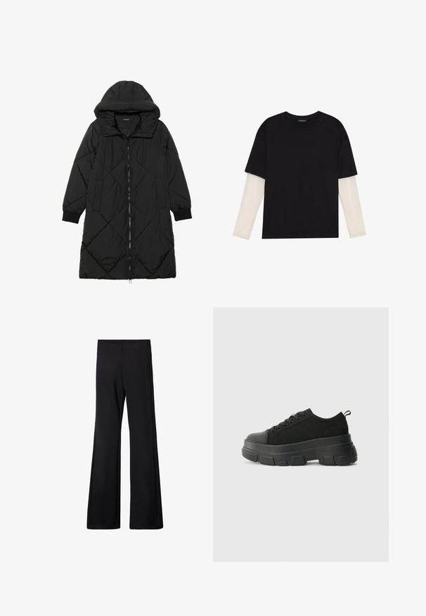 Zwarte gewatteerde pufferjas met een capuchon, voorzien van een ritssluiting, zijzakken en elastische manchetten. Glad, waterafstotend materiaal.; Zwarte T-shirt van katoen, met korte mouwen over een witte lange mouw laag met een subtiel textuurpatroon. Ronde hals ontwerp.; Zwarte flared broek met een elastische tailleband, gemaakt van een zachte, rekbare stof, met een gladde textuur en zonder zichtbare patronen of hardware.; Zwarte sneakers met een stevige rubberen zool, textiel bovenwerk, ronde neus en vetersluiting. Beschikt over versterkte oogjes en een trekstrip aan de achterkant.