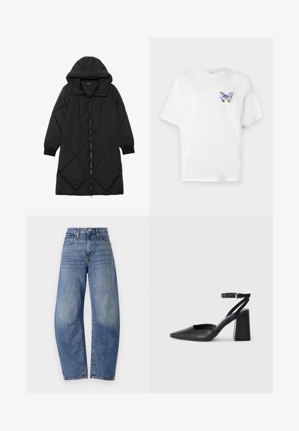 Abrigo acolchado negro con capucha, que cuenta con cierre de cremallera, bolsillos laterales y puños elásticos. Fabricado con un tejido liso y resistente al agua.; Camiseta de algodón blanca con un estampado colorido de mariposa en el lado izquierdo del pecho. Mangas cortas y corte relajado.; Vaqueros de mezclilla azul de tiro alto con un corte relajado, que presentan un diseño clásico de cinco bolsillos y costuras visibles a lo largo de las costuras.; Zapato de tacón puntiagudo de cuero negro con tira en el tobillo y tacón ancho. Textura plana, diseño elegante y estética minimalista.