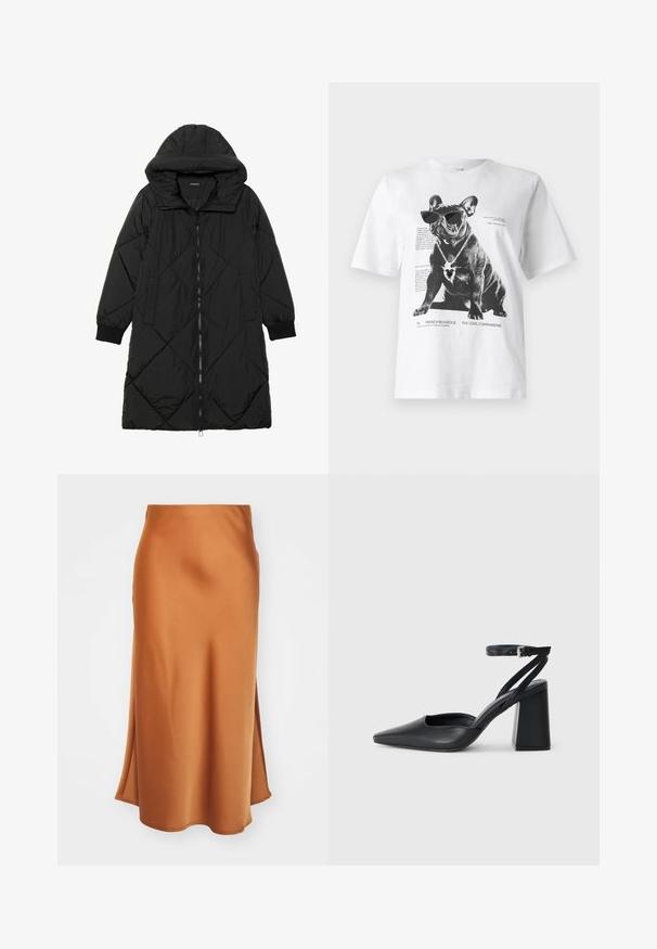 Black quilted puffer coat with a hood, featuring a zip closure, side pockets, and elastic cuffs. Smooth, water-resistant fabric.; White graphic t-shirt featuring a black French bulldog wearing sunglasses and a heart-shaped necklace, with printed text and design details.; Satin midi skirt in burnt orange with a smooth texture, featuring a side slit and a slightly flared hemline for a flowing silhouette.; Black leather pointy-toe pump with an ankle strap and a chunky heel. Flat texture, sleek design, and minimalistic aesthetics.