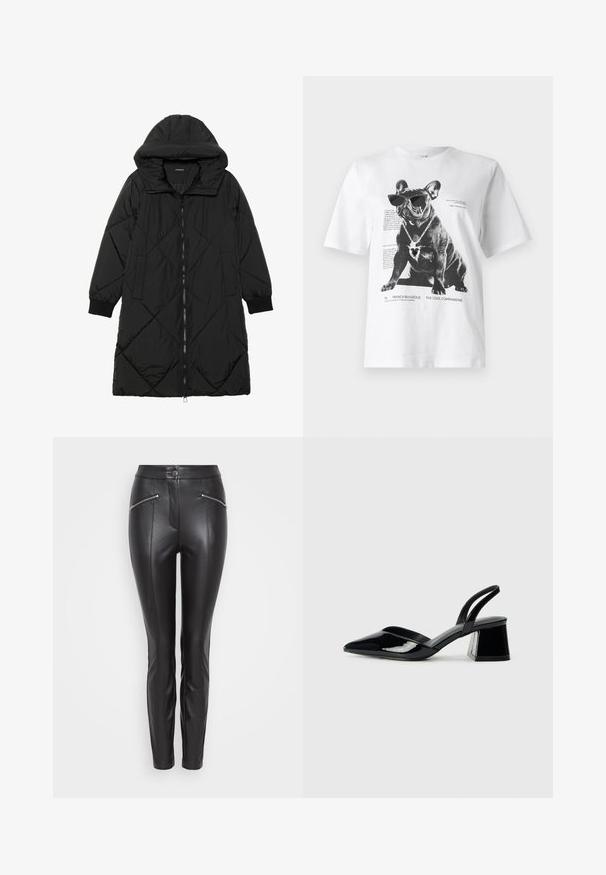 Melnas quiltētas pūkara mētelis ar kapuci, ar rāvējslēdzēja aizdari, sānu kabatām un elastīgām aprocēm. Gluda, ūdensizturīga auduma.; Balta grafiska T-kreklu ar melnu franču buldogu, kurš valkā saulesbrilles un sirds formas kaklarotu, ar drukātu tekstu un dizaina elementiem.; Melni ādas bikses ar šauru piegriezumu, ar vertikālām šuvēm, ar rāvējslēdzēja kabatu katra sāna pusē un pogu aizdari jostasvietā.; Melna lakota āda ar atvērto papēdi, ar smailu purngalu un ģeometrisku blokpapēdi. Iezīmējas elegants, minimāls dizains un gluda tekstūra.