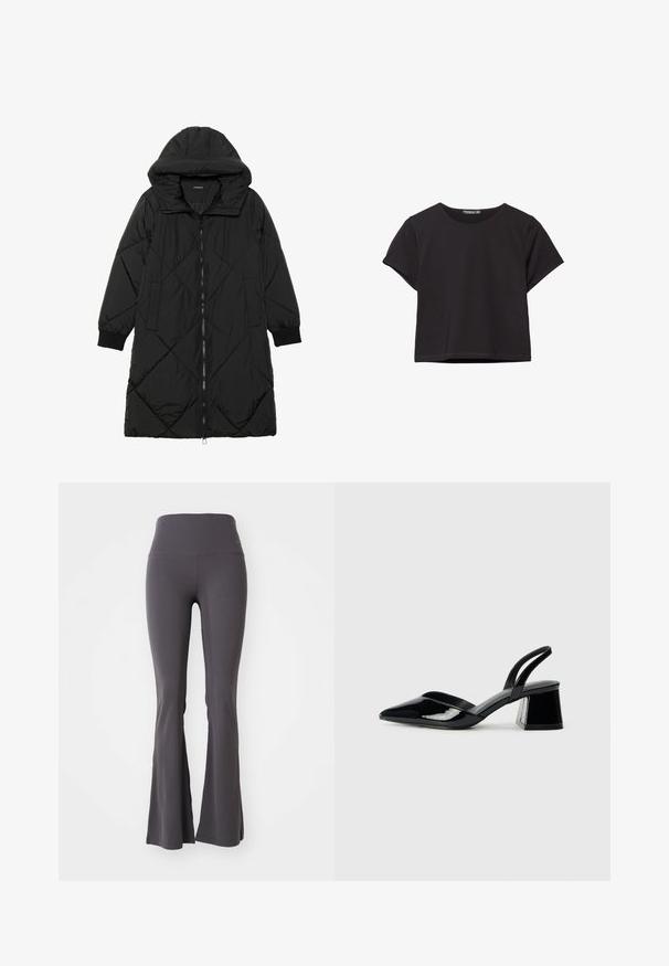 Zwarte gewatteerde pufferjas met een capuchon, voorzien van een ritssluiting, zijzakken en elastische manchetten. Glad, waterafstotend materiaal.; Zwart kort mouw crop top van zachte stof, met een ronde halslijn en een losse pasvorm met een nette zoom.; Grijze flare yoga pants gemaakt van rekbare stof. Hoge tailleband en gladde textuur, met een aansluitend ontwerp tot aan de klokvormige pijpen.; Zwarte gepatineerde leren slingback hakken met een spitse neus en een geometrische blokhak. Kenmerkt zich door een slank, minimalistisch ontwerp en een gladde textuur.