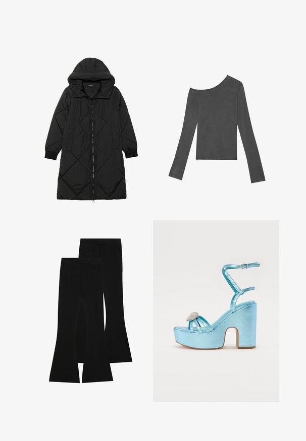 Casaco puffer acolchoado preto com capuz, apresentando um fecho de correr, bolsos laterais e punhos elásticos. Tecido suave e à prova d'água.; Top cinza de mangas longas com design à mostra dos ombros. Feito em tecido suave com uma textura lisa e uma bainha cortada reta.; Calças pretas largas feitas de tecido elástico, com uma cintura alta e uma textura suave, apresentando um design ajustado que se alarga a partir do joelho.; Sandálias plataforma metálicas azuis com um salto grosso, apresentando tiras cruzadas e um detalhe de joias na área dos dedos.