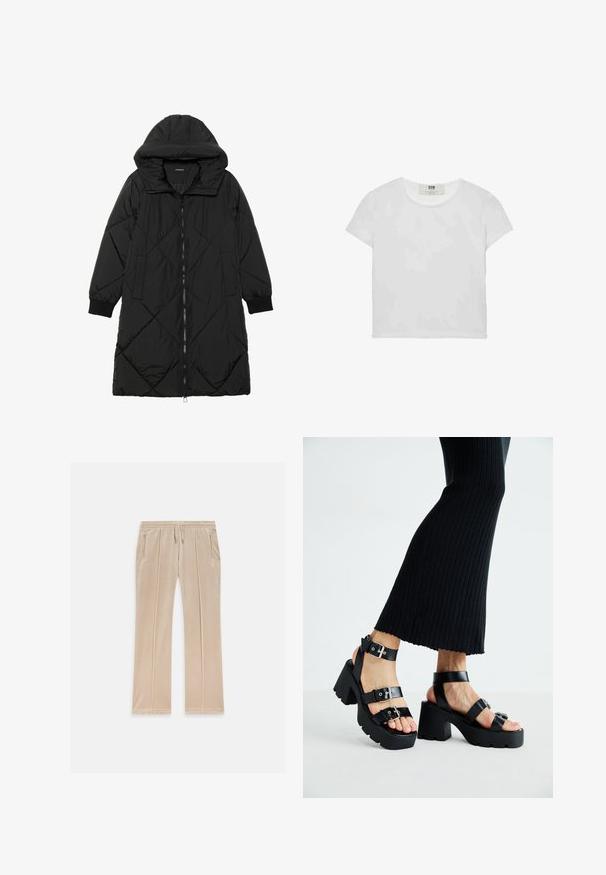 Schwarze, gesteppten Puffermantel mit Kapuze, ausgestattet mit einem Reißverschluss, seitlichen Taschen und elastischen Bündchen. Glattes, wasserabweisendes Material.; Weißes T-Shirt mit kurzen Ärmeln und Rundhalsausschnitt, aus weicher Baumwolle gefertigt, mit einem schlichten, sauberen Design ohne sichtbare Muster oder Akzente.; Beige Samt-Jogginghosen mit einer Kordelzug-Taille, zwei seitlichen Taschen und dezenten Seitennähten. Mit besticktem Logo auf der Vorderseite.; Schwarze Plattform-Sandalen mit robusten, profilierten Sohlen und mehreren Riemen, ausgestattet mit metallischen Schnallen und einer glatten, lederähnlichen Textur.