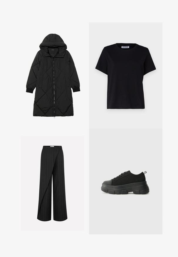 Črna prešita puffer jakna s kapuco, ki ima zadrgo, stranske žepe in elastične manšete. Gladek, vodoodporen material.; Črna kratka majica s kratkimi rokavi iz bombaža. Ima krožno izrezan ovratnik in sproščen kroj. Na ovratniku je oznaka "WEEKDAY".; Črne široke hlače s vertikalnimi belimi črtami, z zavitim dizajnom in stranskim gumbom za zapiranje. Prilagojena tkanina in gladka tekstura.; Črne teniske z debelim gumijastim podplatom, zgornji del iz teksturirane tkanine, okrogla punta in zavezovanje z vrvicami. Vključujejo ojačane luknje za vrvice in zanko na hrbtu.