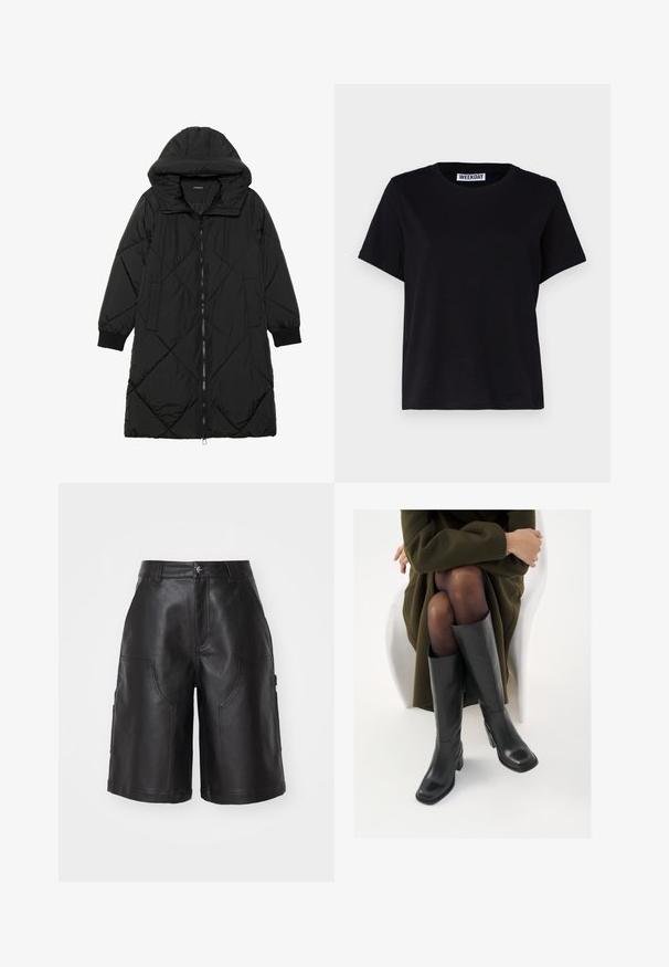 Juodas siūtais pūkų paltas su gobtuvu, turintis užtrauktuką, šonines kišenes ir elastines rankoves. Lygus, vandeniui atsparus audinys.; Juoda trumpa rankovėmis t-marškiniai, pagaminti iš medvilnės. Yra apvalus kaklas ir laisvas siluetas. Etiketėje rašoma "WEEKDAY" prie kaklo.; Juodi odiniai šortai su tiesiu kirpimu, turintys dvi priekinės kišenes ir subtilų siuvinėjimo akcentą. Sklandus paviršius ir patvari medžiaga.; Juodos odinės pradžios ilgio bateliai su kvadratu formos nosimi ir bloko kulnu, demonstruojami su modeliu, sėdinčiu alyvuogių žalios spalvos švarku. Lygi tekstūra, minimalus puošimas.
