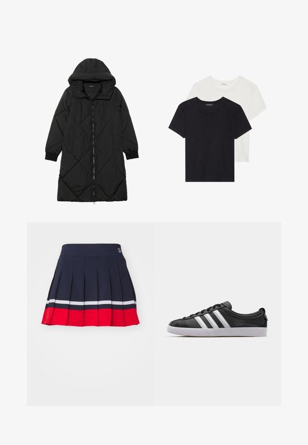 Juodas siūtais pūkų paltas su gobtuvu, turintis užtrauktuką, šonines kišenes ir elastines rankoves. Lygus, vandeniui atsparus audinys.; Du trapučiai trumpomis rankovėmis juodos ir baltos spalvos. Pagaminti iš minkštos medvilnės, su apvalia apykakle ir standartiniu kirpimu, turinčiu minimalų siuvimo detalizavimą.; Tamsiai mėlyna plisuota sijonas su plačiu juosmeniu, turintis raudonas ir baltas horizontalias juosteles apatinėje dalyje ir logotipo etiketę ant juosmens.; Juodos odinės sportinės bateliai su baltu trimis juostelėmis, apvaliu pirštu, plokščiu baltu guminio pado ir prekės ženklo detale šone.