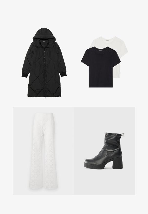 Cappotto imbottito nero trapuntato con cappuccio, caratterizzato da chiusura con zip, tasche laterali e polsini elastici. Tessuto liscio e resistente all'acqua.; Due magliette a maniche corte in bianco e nero. Realizzate in morbido cotone, presentano un collo tondo e una vestibilità standard con dettagli di cucitura minimi.; Pantaloni bianchi svasati realizzati in tessuto testurizzato con motivo a diamonds. La vita è liscia, senza hardware o dettagli visibili.; Stivali neri alla caviglia in pelle liscia, con zip laterale, tacco spesso e texture, e punta arrotondata.