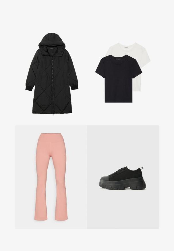 Black quilted puffer coat with a hood, featuring a zip closure, side pockets, and elastic cuffs. Smooth, water-resistant fabric.; Two short-sleeve T-shirts in black and white. Made of soft cotton, featuring a round neckline and standard fit with minimal stitching detail.; Flared exercise pants in soft pink fabric, featuring a high waistband and smooth texture, with minimal stitching and logo detail on the side.; Black sneakers with a chunky rubber sole, textured fabric upper, round toe, and lace-up design. Features reinforced eyelets and back pull tab.
