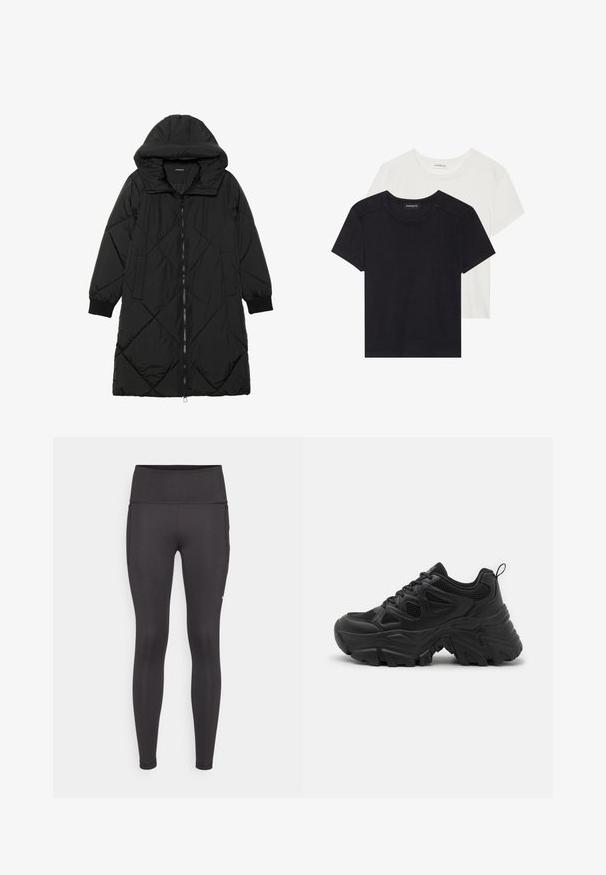Black quilted puffer coat with a hood, featuring a zip closure, side pockets, and elastic cuffs. Smooth, water-resistant fabric.; Two short-sleeve T-shirts in black and white. Made of soft cotton, featuring a round neckline and standard fit with minimal stitching detail.; Black leggings featuring a high waistband, smooth texture, and close-fitting design. Includes side pockets and minimal seam detailing.; Black athletic shoes with a textured mesh upper, curved rubber sole, and prominent tread pattern. Features integrated lacing and pull tab.