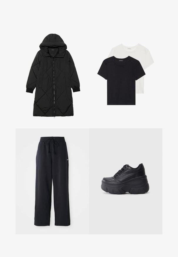 Casaco puffer acolchoado preto com capuz, apresentando um fecho de correr, bolsos laterais e punhos elásticos. Tecido suave e à prova d'água.; Duas t-shirts de mangas curtas, uma preta e outra branca. Feitas de algodão suave, apresentam um decote redondo e um corte padrão com detalhes de costura mínimos.; Sweatpants pretos com cintura elástica e cordão, apresentando um pequeno logo branco da Nike no lado esquerdo.; Ténis pretos com atacadores e sola robusta, apresentando um cabedal em couro liso, bico arredondado e um design de plataforma em camadas distinto.