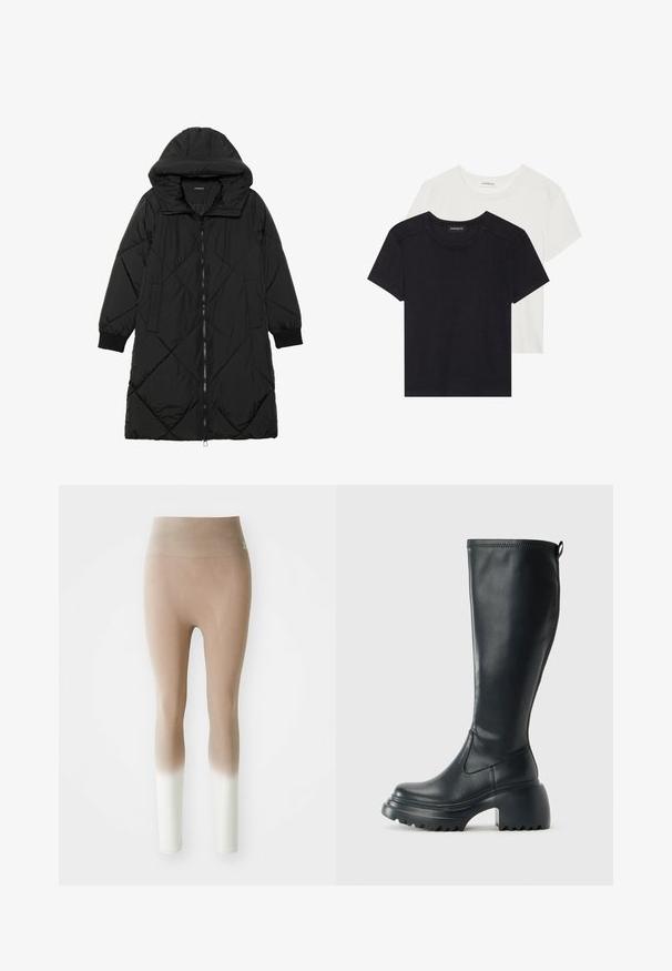 Abrigo acolchado negro con capucha, que cuenta con cierre de cremallera, bolsillos laterales y puños elásticos. Fabricado con un tejido liso y resistente al agua.; Dos camisetas de manga corta en negro y blanco. Hechas de algodón suave, con un escote redondo y un ajuste estándar con un detalle de costura mínimo.; Leggings sin costuras en ombré de beige a blanco con cinturilla alta, exhibidos sobre un fondo blanco liso.; Bota alta de cuero negro con suela de plataforma gruesa y tacón cuadrado, que cuenta con una lengüeta y un relieve texturizado en la suela exterior.