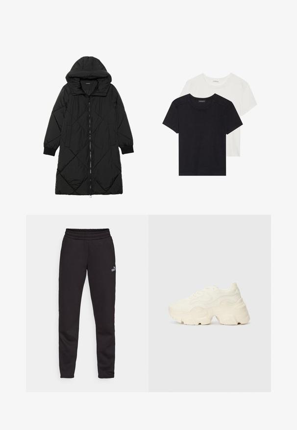 Sort quiltet pufferjakke med hætte, med lynlåslukning, sidelommer og elastiske manchetter. Glat, vandafvisende stof.; To kortærmede T-shirts i sort og hvid. Lavet af blød bomuld, med rund halsudskæring og standard pasform med minimal syning.; Sorte sweatpants med ribbet talje, tætsiddende ben og et lille hvidt Puma-logo på forsiden. Fremstillet af et blødt materiale.; Chunky hvide sneakers lavet af tekstureret mesh og syntetiske materialer, med en tyk sål og intrikate mønsterdetaljer langs siderne.